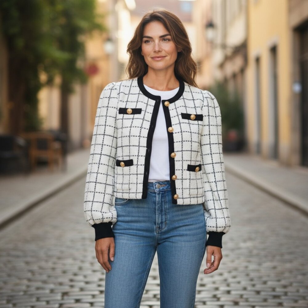 Designer Marled by Reunited Black & White Check Gold Button Long Sleeves L-XL